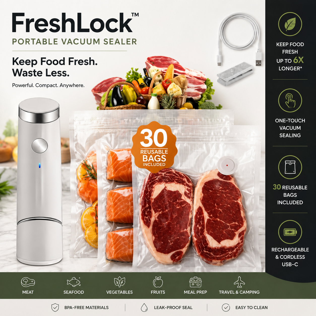 FreshLock™ Portable Vacuum Sealer + 30 Reusable Bags 